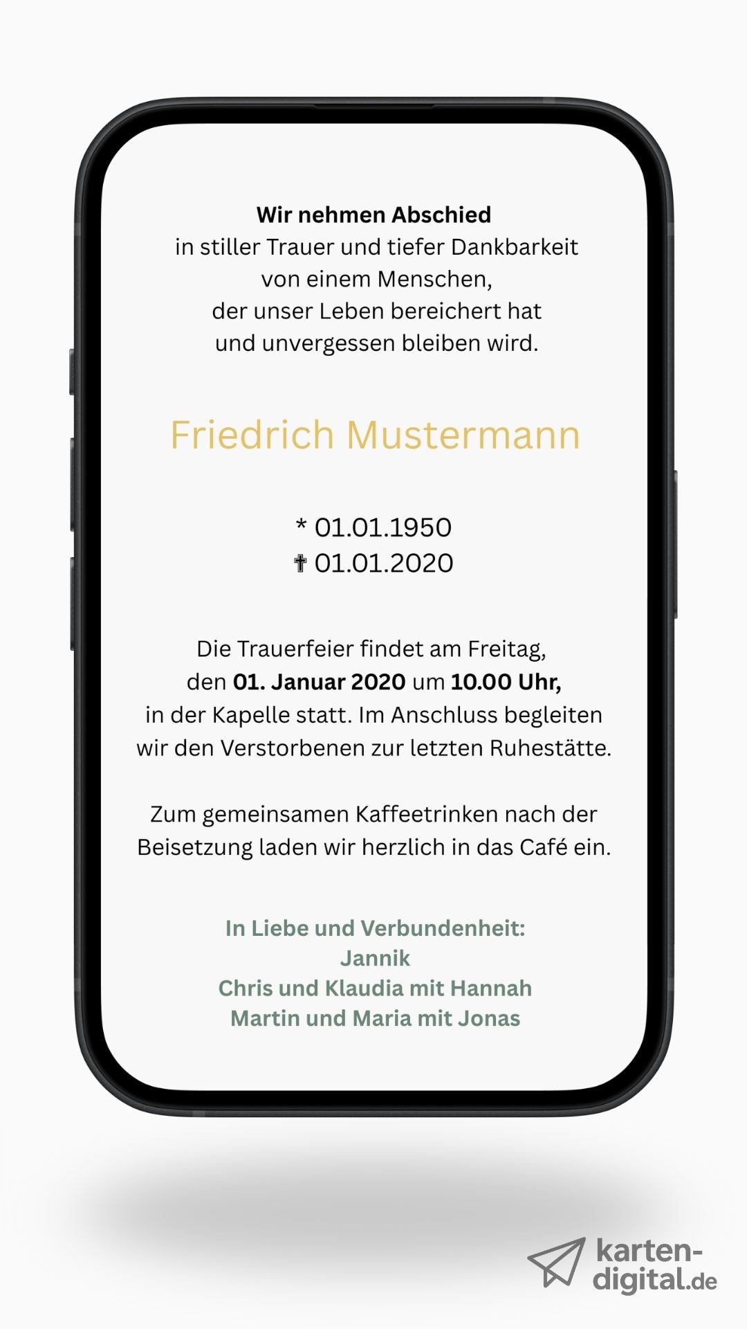 Digitale Trauerkarte mit Ginkgo und Zitat – modern, schlicht und stilvoll Abschied nehmen - 2 - seitig - karten - digital