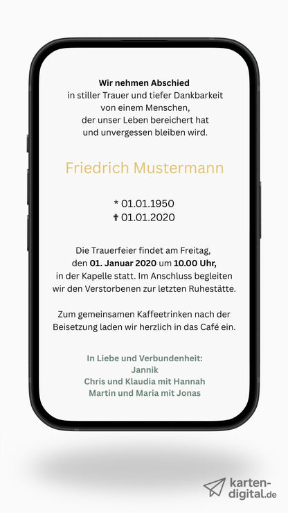 Digitale Trauerkarte mit Ginkgo und Zitat – modern, schlicht und stilvoll Abschied nehmen - 2 - seitig - karten - digital
