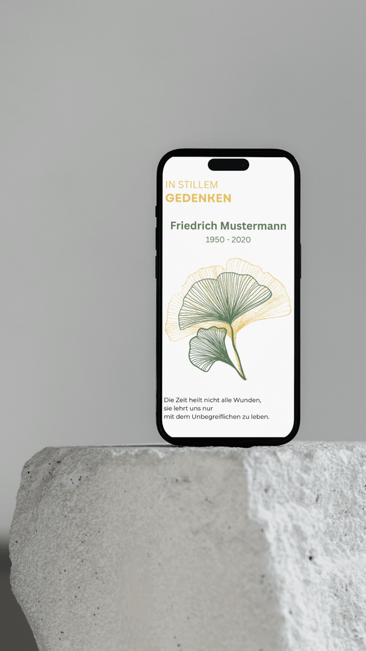 Digitale Trauerkarte mit Ginkgo und Zitat – modern, schlicht und stilvoll Abschied nehmen - 2 - seitig - karten - digital