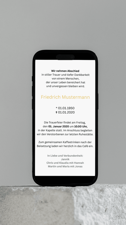 Digitale Trauerkarte mit Ginkgo und Zitat – modern, schlicht und stilvoll Abschied nehmen - 2 - seitig - karten - digital
