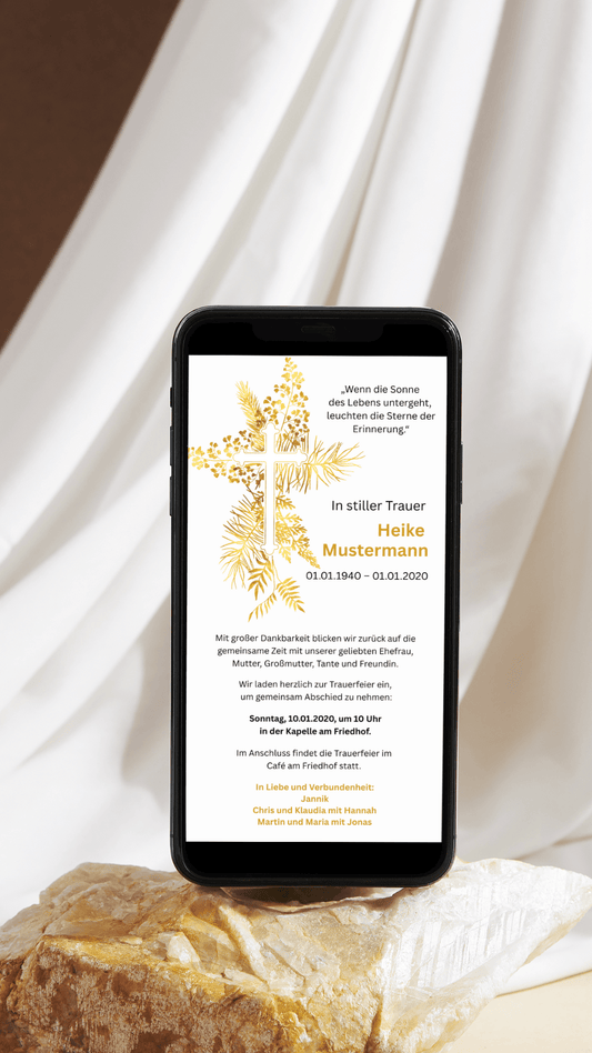 Digitale Trauerkarte mit goldenem Kreuz – hell und hoffnungsvoll zur Beerdigung einladen - karten - digital