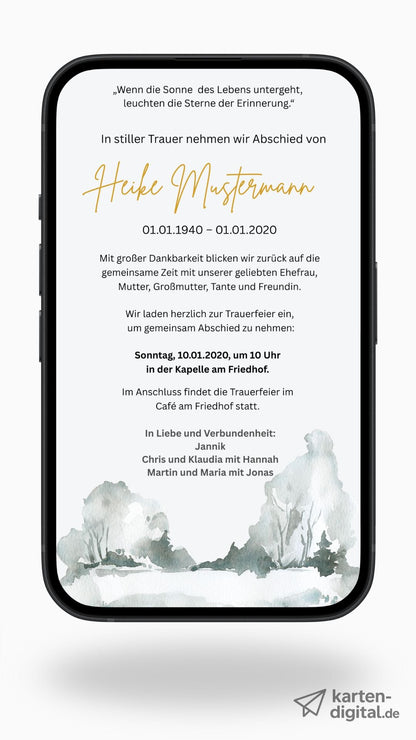 Digitale Trauerkarte mit goldener Schrift und Landschaft – hell, stilvoll und tröstlich Abschied nehmen - karten - digital