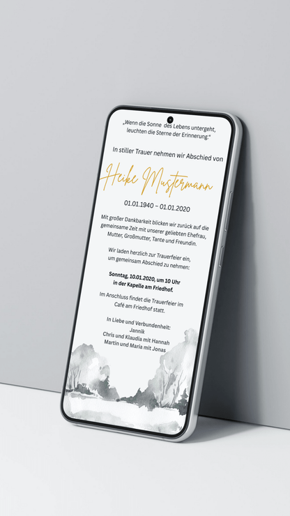 Digitale Trauerkarte mit goldener Schrift und Landschaft – hell, stilvoll und tröstlich Abschied nehmen - karten - digital