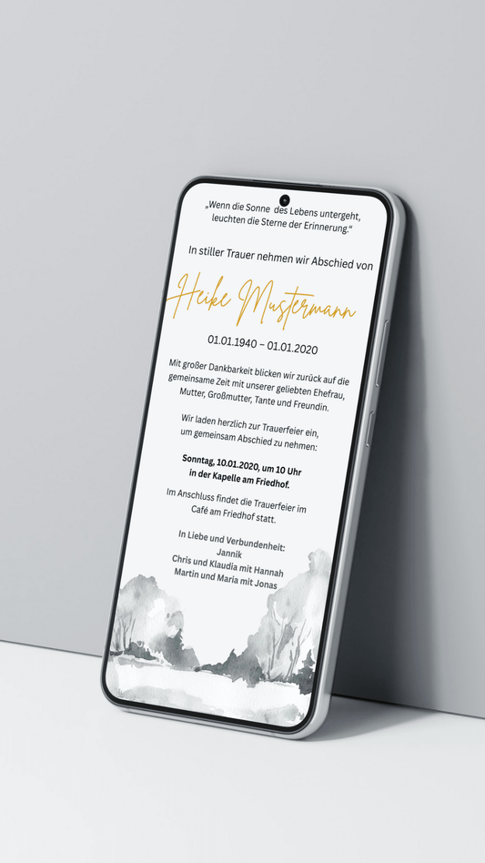 Digitale Trauerkarte mit goldener Schrift und Landschaft – hell, stilvoll und tröstlich Abschied nehmen - karten - digital