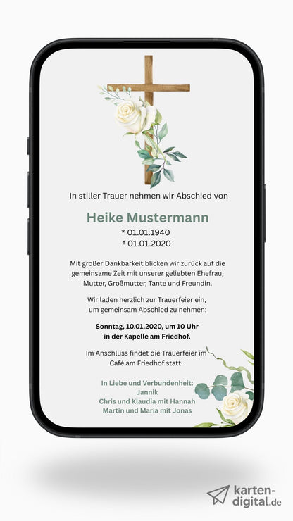 Digitale Trauerkarte mit Holzkreuz und weißen Rosen – liebevoll und klassisch Abschied nehmen - karten - digital