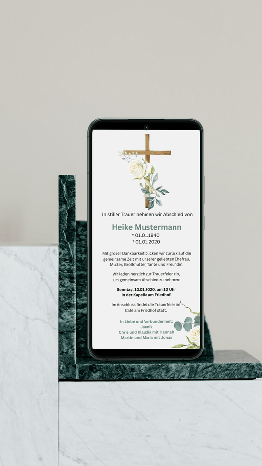 Digitale Trauerkarte mit Holzkreuz und weißen Rosen – liebevoll und klassisch Abschied nehmen - karten - digital