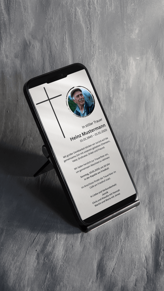 Digitale Trauerkarte mit Kreuz und Foto – klassisch und persönlich zur Beerdigung einladen - karten - digital