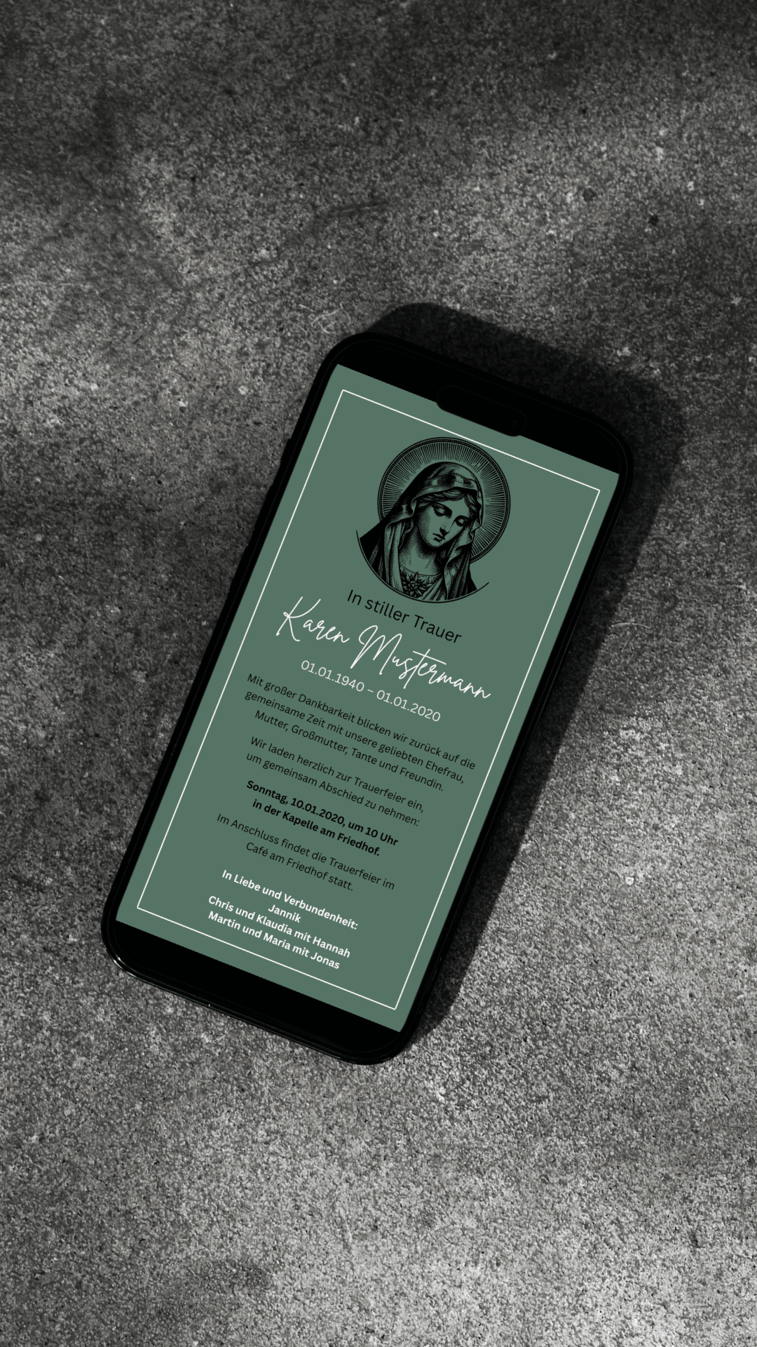 Digitale Trauerkarte mit Marienmotiv – stilvoll und spirituell zur Beerdigung einladen - karten - digital