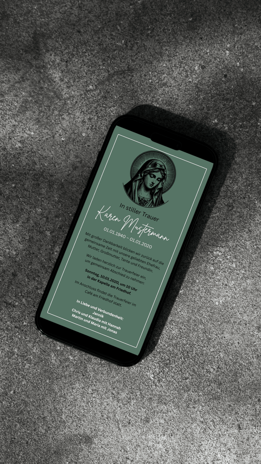 Digitale Trauerkarte mit Marienmotiv – stilvoll und spirituell zur Beerdigung einladen - karten - digital