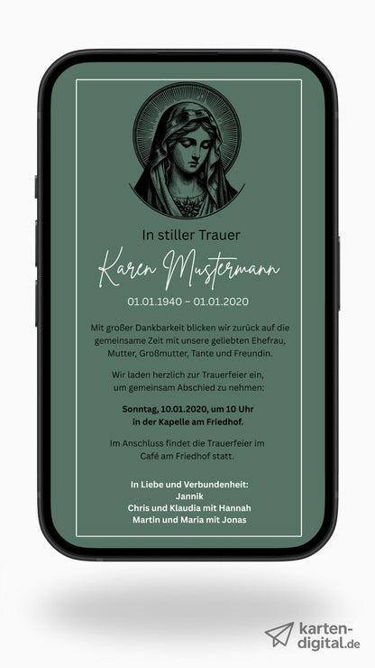 Digitale Trauerkarte mit Marienmotiv – stilvoll und spirituell zur Beerdigung einladen - karten - digital