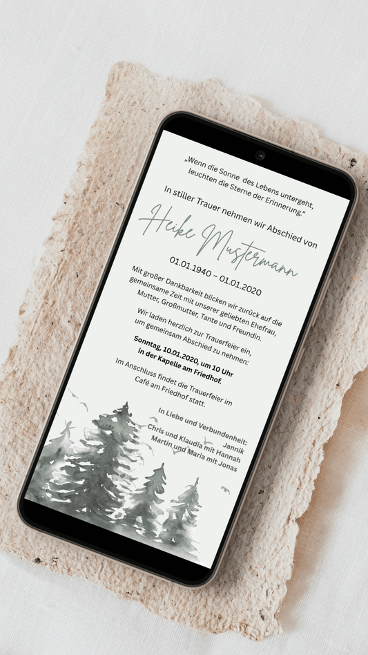 Digitale Trauerkarte mit Waldmotiv – stilvoll und naturverbunden Abschied nehmen - karten - digital