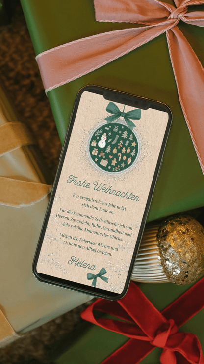 Digitale Weihnachtskarte – Grüne Schleife & Winterornament - karten - digital