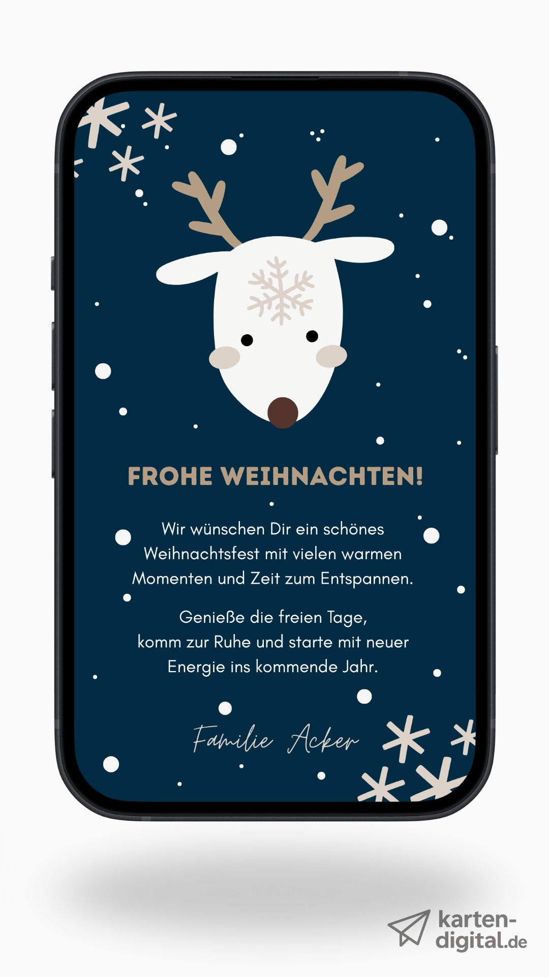 Digitale Weihnachtskarte – Rentier mit Schneeflocke & Winterdesign - karten - digital