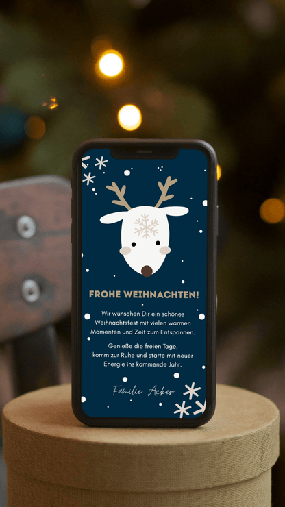 Digitale Weihnachtskarte – Rentier mit Schneeflocke & Winterdesign - karten - digital