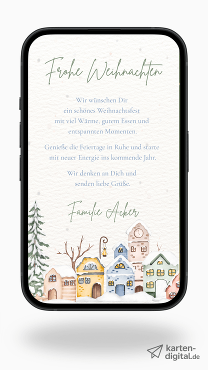 Digitale Weihnachtskarte – Winterhäuser & warme Grüße - karten - digital