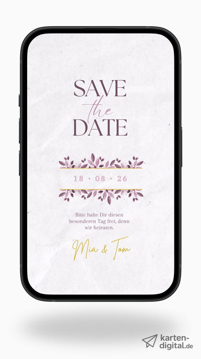Edle Save - the - Date Karte mit floralen Elementen – digital & stilvoll in Lila und Gold - karten - digital