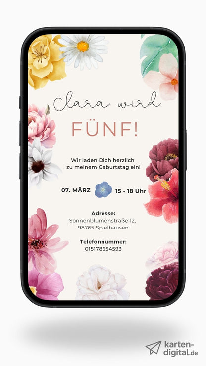 Einladung zum Kindergeburtstag – Digitale Karte mit Blumenrahmen & persönlichem Text - karten - digital