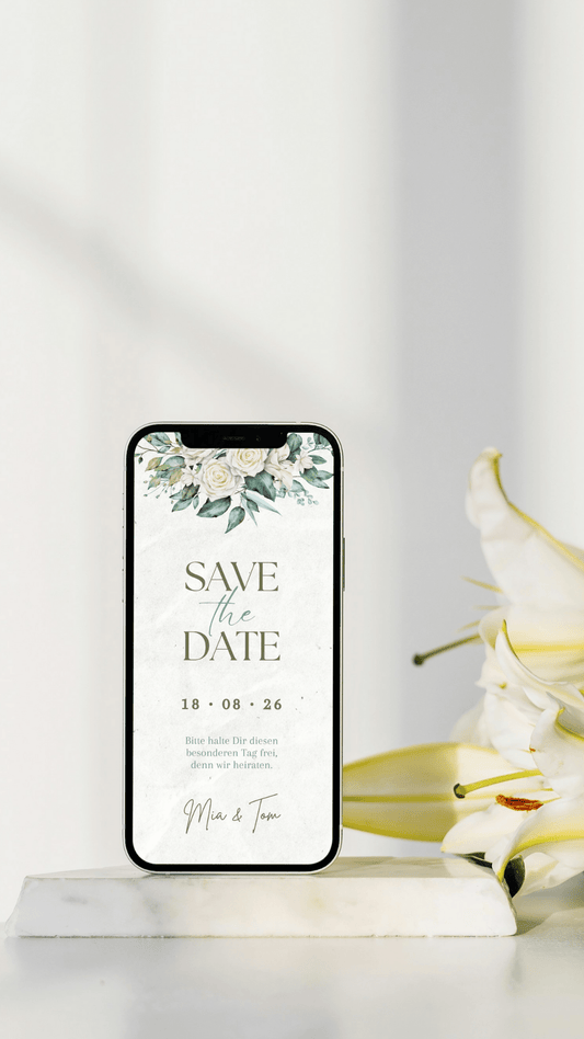 Florale Save - the - Date Karte – digital & romantisch mit weißen Rosen - karten - digital
