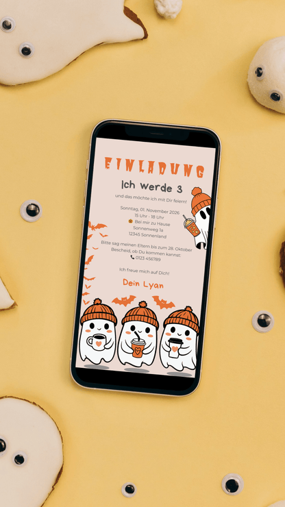 Halloween Geburtstagseinladung für Kinder – digitale Karte mit süßen Geistern & Fledermäusen - karten - digital