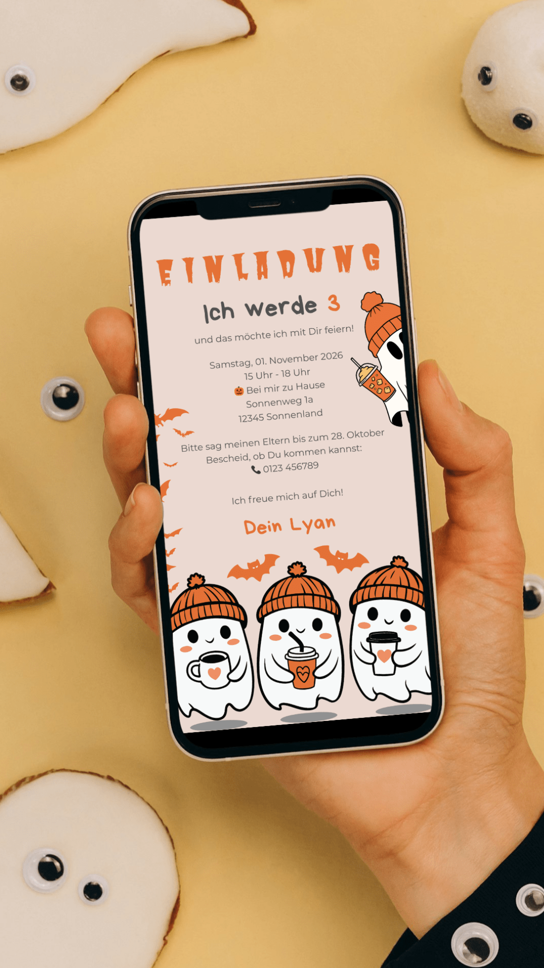 Halloween Geburtstagseinladung für Kinder – digitale Karte mit süßen Geistern & Fledermäusen - karten - digital
