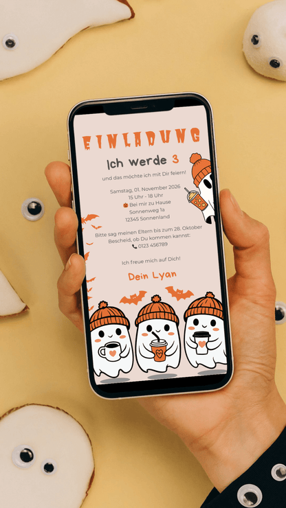 Halloween Geburtstagseinladung für Kinder – digitale Karte mit süßen Geistern & Fledermäusen - karten - digital