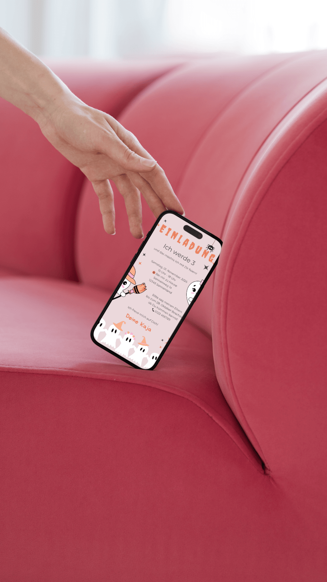 Halloween Kindergeburtstag Einladung – digitale Karte in Rosa mit Geistern & Kürbis - Charme - karten - digital