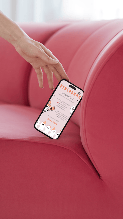 Halloween Kindergeburtstag Einladung – digitale Karte in Rosa mit Geistern & Kürbis - Charme - karten - digital