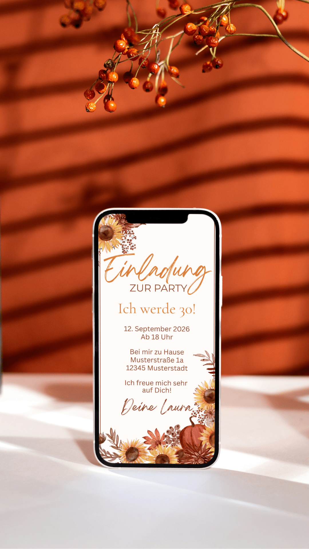 Herbstliche Geburtstagseinladung mit Sonnenblumen und Kürbis – digital & liebevoll gestaltet - karten - digital