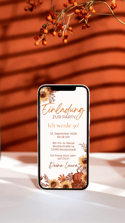 Herbstliche Geburtstagseinladung mit Sonnenblumen und Kürbis – digital & liebevoll gestaltet - karten - digital
