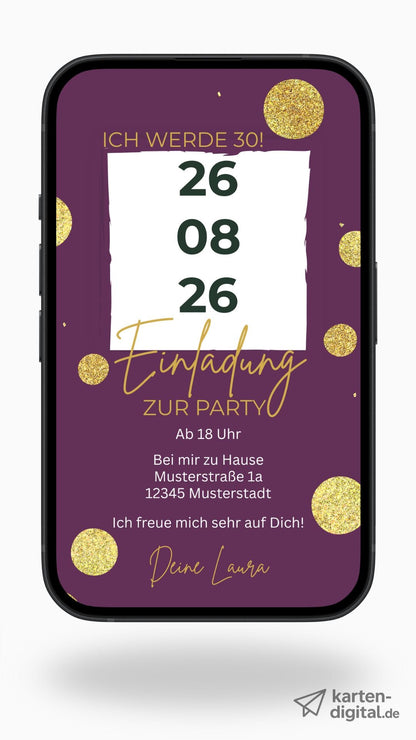 Moderne Geburtstagseinladung für Erwachsene – lila Design mit goldenen Highlights - karten - digital
