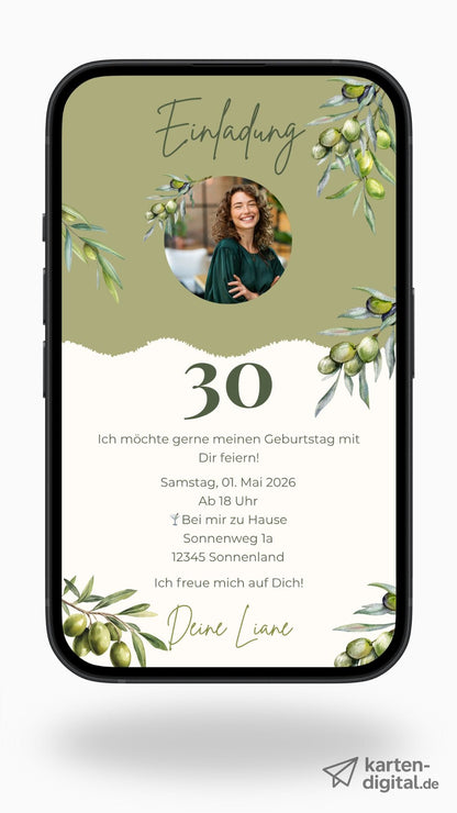 Natürliche digitale Geburtstagseinladung mit Olivenzweigen – stilvoll & persönlich - karten - digital