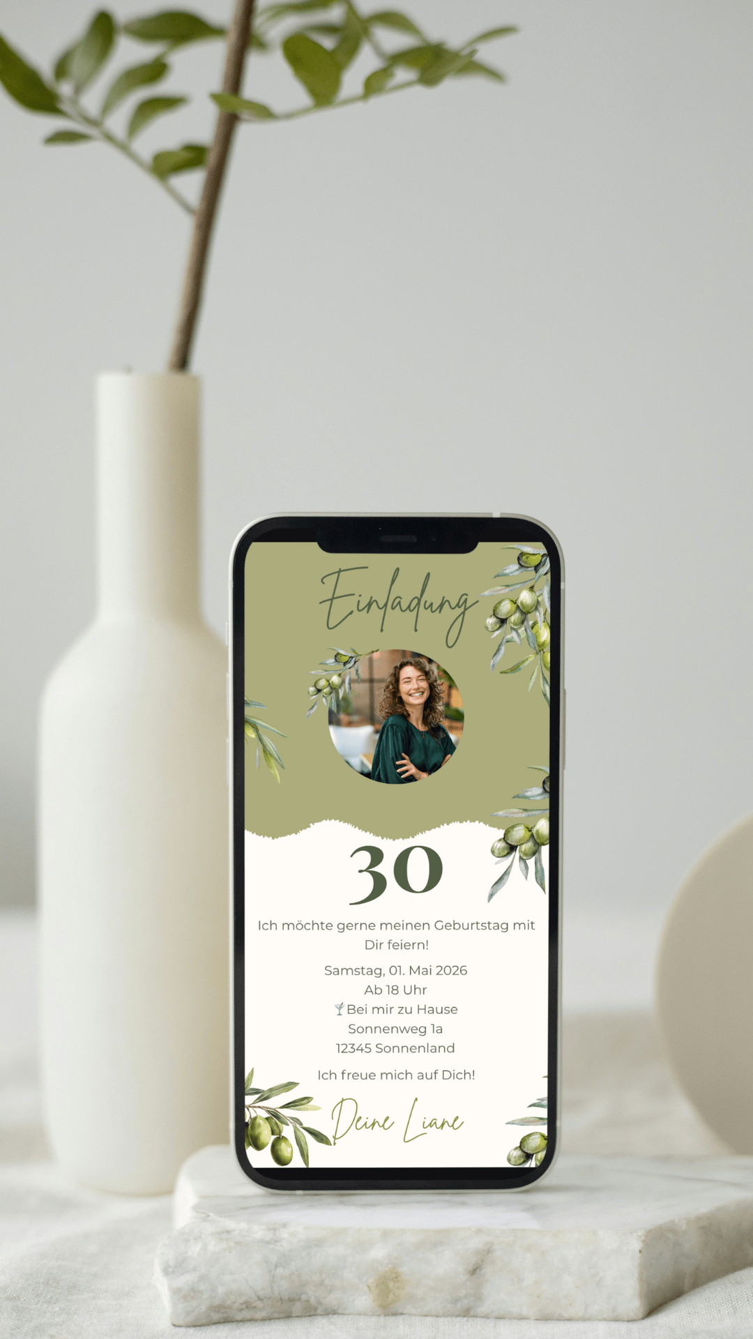 Natürliche digitale Geburtstagseinladung mit Olivenzweigen – stilvoll & persönlich - karten - digital