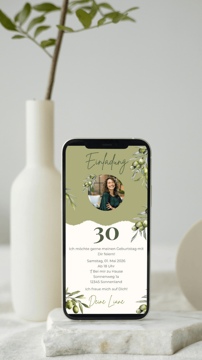 Natürliche digitale Geburtstagseinladung mit Olivenzweigen – stilvoll & persönlich - karten - digital
