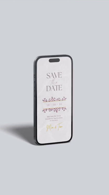 Edle Save-the-Date Karte mit floralen Elementen – digital & stilvoll in Lila und Gold