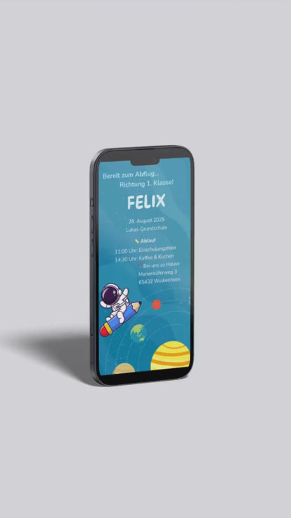 Digitale Einladung zur Einschulung – mit Astronaut & Weltraum für kleine Schulstarter:innen