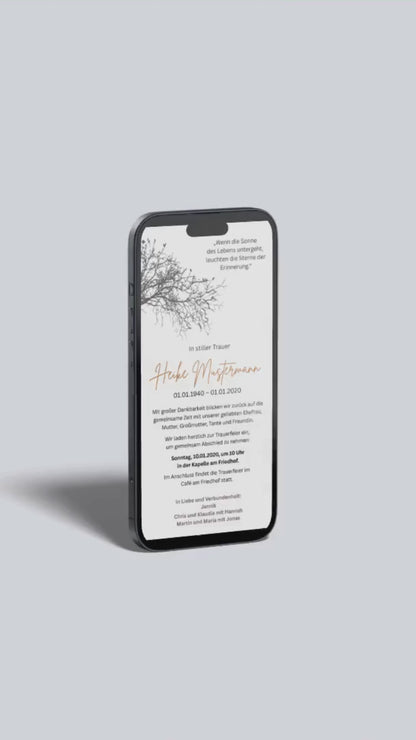Digitale Trauerkarte mit Baumzweig und Zitat – stiller Abschied mit poetischem Design