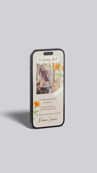 Digitale Geburtstagseinladung im Boho-Stil – mit Foto & Blumenmotiv