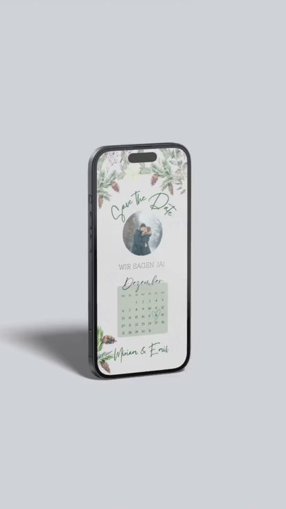 Winterliche Save-the-Date Karte – digital & stilvoll mit Tannenzweigen und Kalender