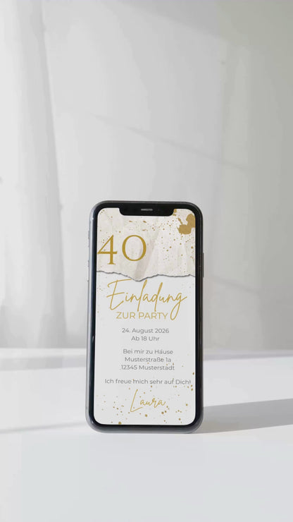 Stilvolle Einladung zum runden Geburtstag – mit edlem Goldsprenkel-Design