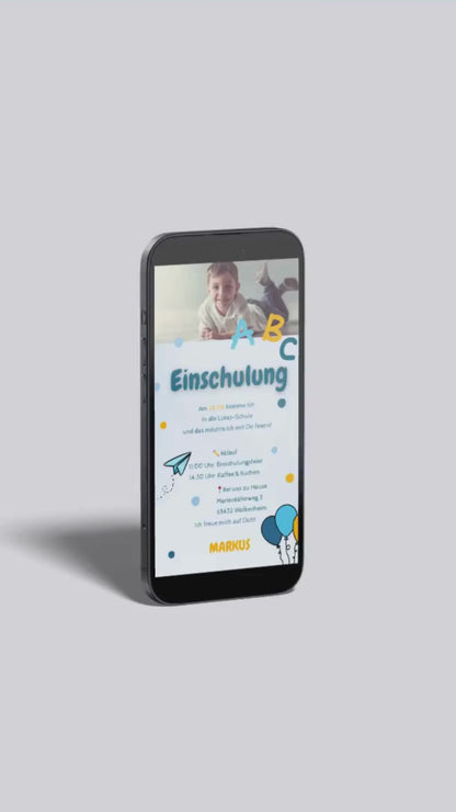 Digitale Einladung zur Einschulung – fröhlich & modern mit persönlichem Foto