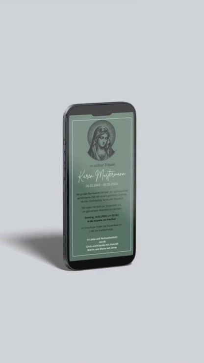 Digitale Trauerkarte mit Marienmotiv – stilvoll und spirituell zur Beerdigung einladen