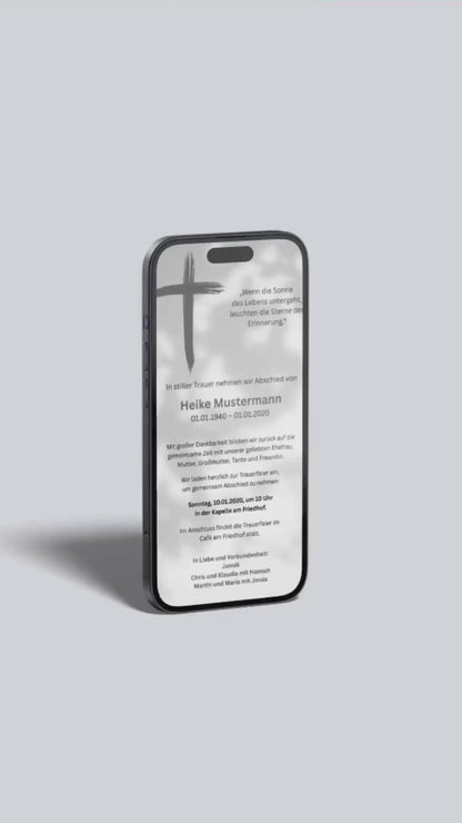 Digitale Trauerkarte mit Kreuz in Schwarz-Weiß – klar, würdevoll und traditionsbewusst Abschied nehmen