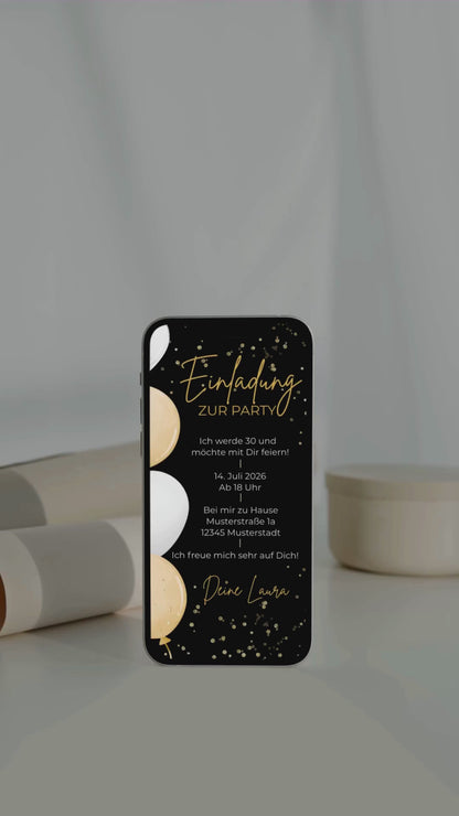 Elegante Geburtstagseinladung in Schwarz & Gold – digital versenden, stilvoll feiern