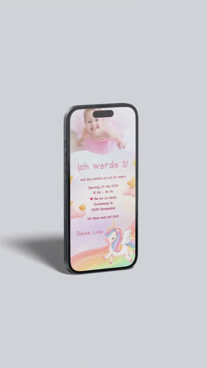 Digitale Geburtstagseinladung für Kinder – Einhorn-Design mit Regenbogen & Sternen