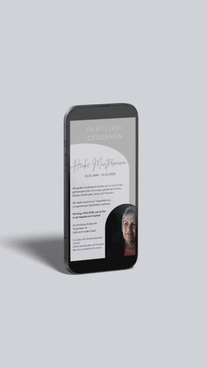 Digitale Trauerkarte in Fliedergrau mit Foto – modern, persönlich und stilvoll Abschied nehmen