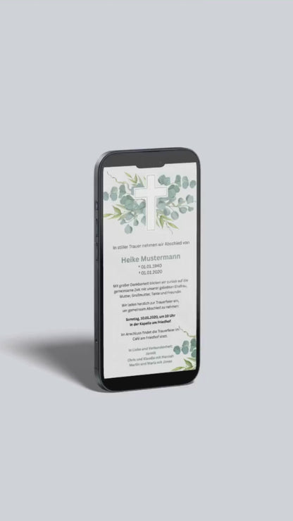 Digitale Trauerkarte mit Eukalyptus und Kreuz – stilvoller Abschied mit natürlichem Design