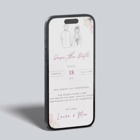 Video-Vorschau der digitalen Save the Date Karte mit Brautpaar-Illustration.