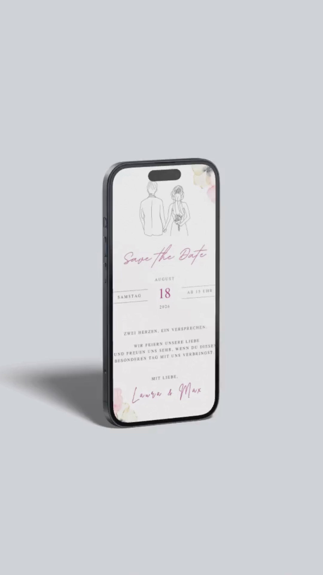 Video-Vorschau der digitalen Save the Date Karte mit Brautpaar-Illustration.