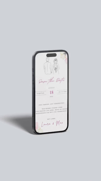 Video-Vorschau der digitalen Save the Date Karte mit Brautpaar-Illustration.
