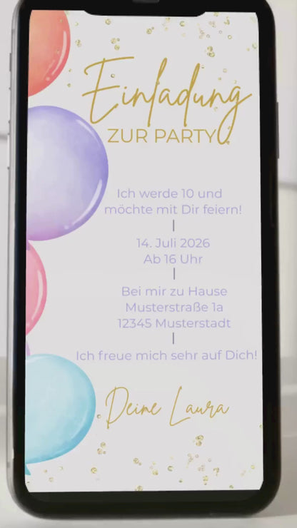 Digitale Geburtstagseinladung für Kinder – Ballon-Design zum Verschicken per WhatsApp